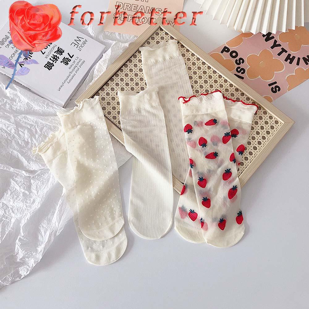 Vớ Trong Suốt Phối Ren Nhún Bèo Họa Tiết Dâu Tây Phong Cách Lolita