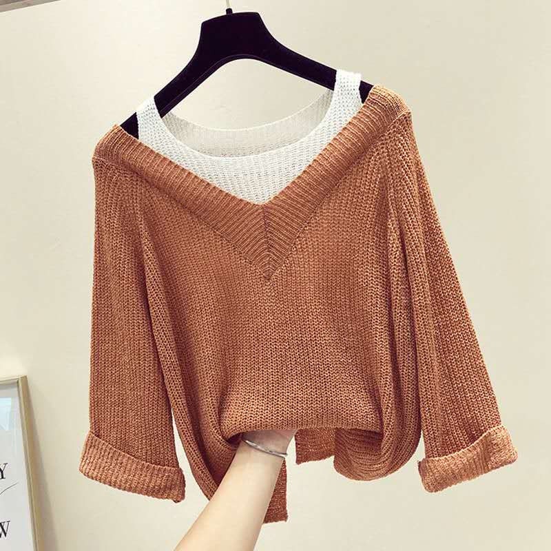 Áo Len Tay Dài Giả Hai Mảnh Hở Vai Thời Trang Cho Nữ