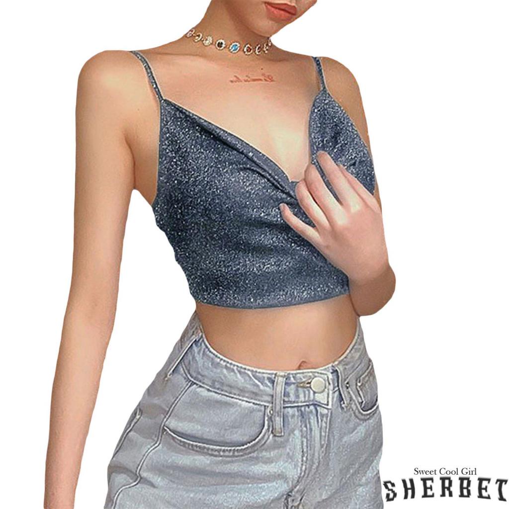 Áo Croptop Hai Dây Cổ Chữ V Khoét Sâu Màu Đen Sáng Bóng LAA8 Thời Trang Mùa Hè Cho Bạn Gái