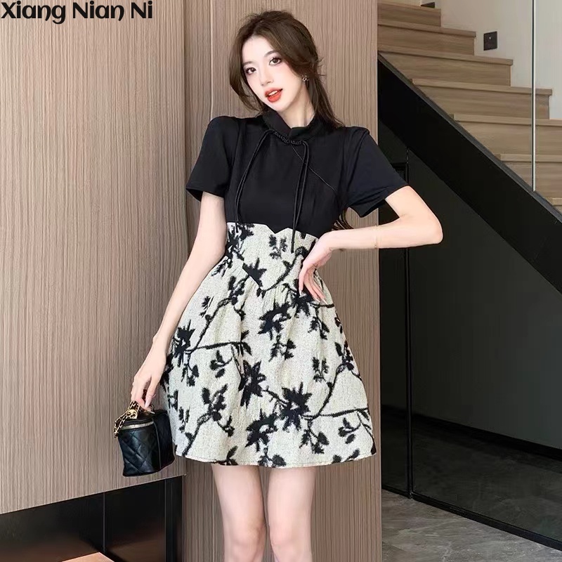 Đầm sườn xám cách tân XIANG NIAN NI giả hai mảnh lưng cao in họa tiết phong cách Trung hoa