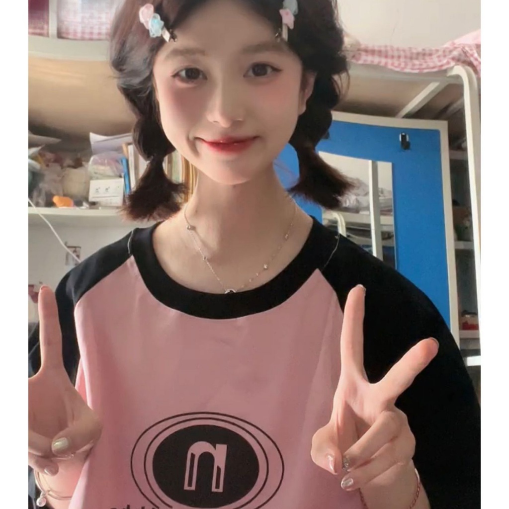 Áo Thun Raglan Tay Ngắn Raglan Màu Hồng Thời Trang Mùa Hè Dành Cho Nữ