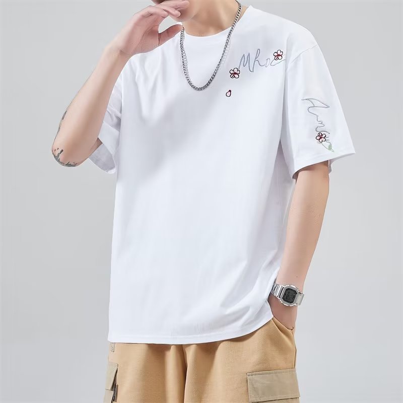 Áo Thun Cotton Ngắn Tay Dáng Rộng Thêu Hoa Nhỏ Kiểu Hàn Quốc Cho Nam