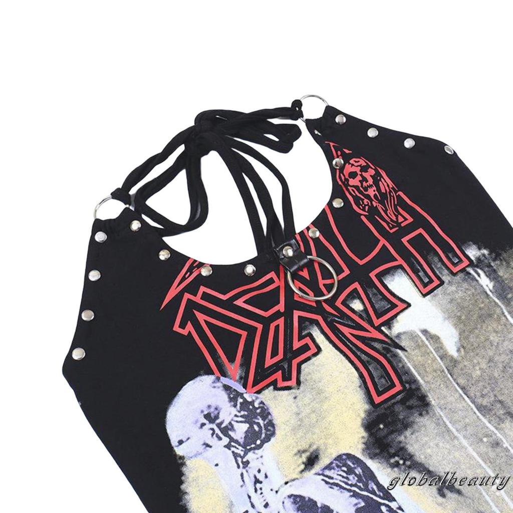 Áo Croptop Sát Nách Hở Lưng In Họa Tiết Đầu Lâu Đính Đinh Tán Phong Cách Gothic Thời Trang Mùa Hè Cho Nữ