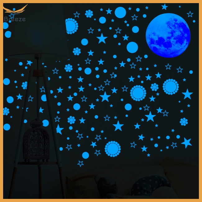 Bộ 3 Miếng Dán Tường Dạ Quang Tự Dính Hình Trăng Sao Trang Trí Phòng Bé Gái