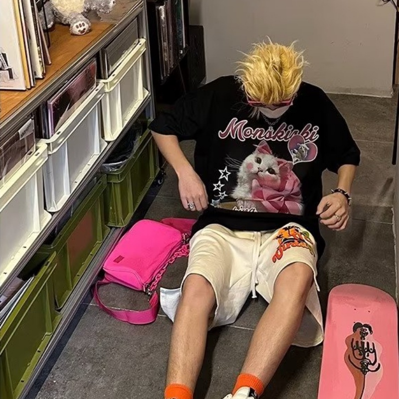 Áo Thun Ngắn Tay Dáng Rộng In Hình Mèo Thời Trang Mùa Hè Cá Tính