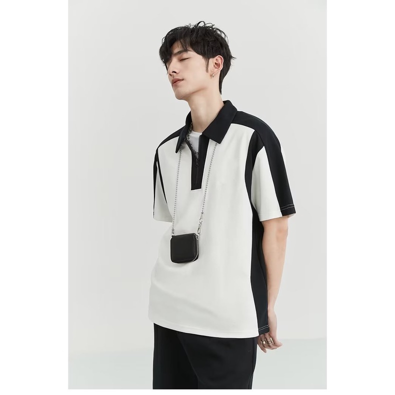 Áo Thun polo Tay Ngắn Dáng Rộng Có Khóa Kéo Phối Màu Sắc Tương Phản Thời Trang Mùa Hè Phong Cách Hàn Quốc Cho Nam Giới 23