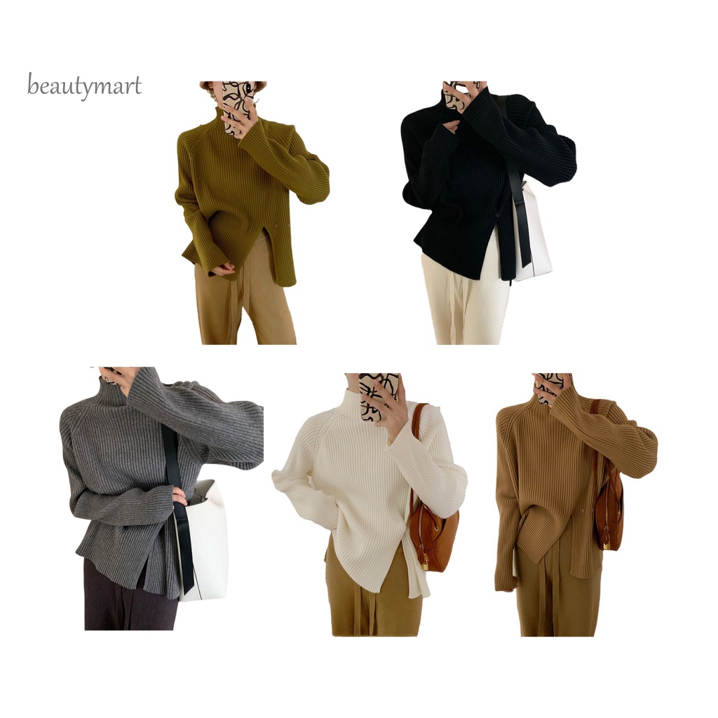 Áo Sweater Cổ Lọ Tay Dài Dáng Rộng Màu Sắc Đơn Giản Thiết Kế Xẻ Tà Thời Trang Mùa Đông Cho Nữ beautymartm1