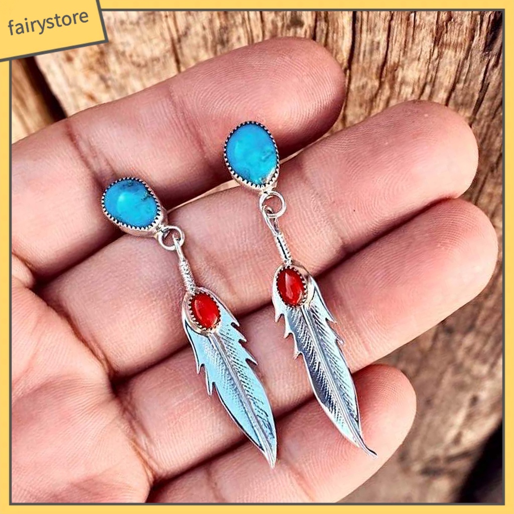 1 Đôi Bông Tai Dáng Dài Hình Lông Vũ Đính Đá Ngọc Lam Giả Thanh Lịch