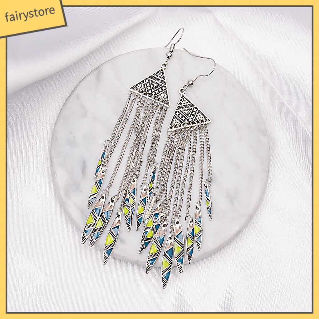 1 Đôi Bông Tai Dáng Dài Mặt Tam Giác Phối Tua Rua Phong Cách Vintage