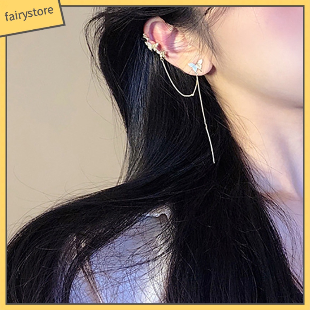 Bông Tai Dạng Kẹp Hình Bướm Không Đối Xứng Phối Tua Rua Thời Trang Cho Nữ