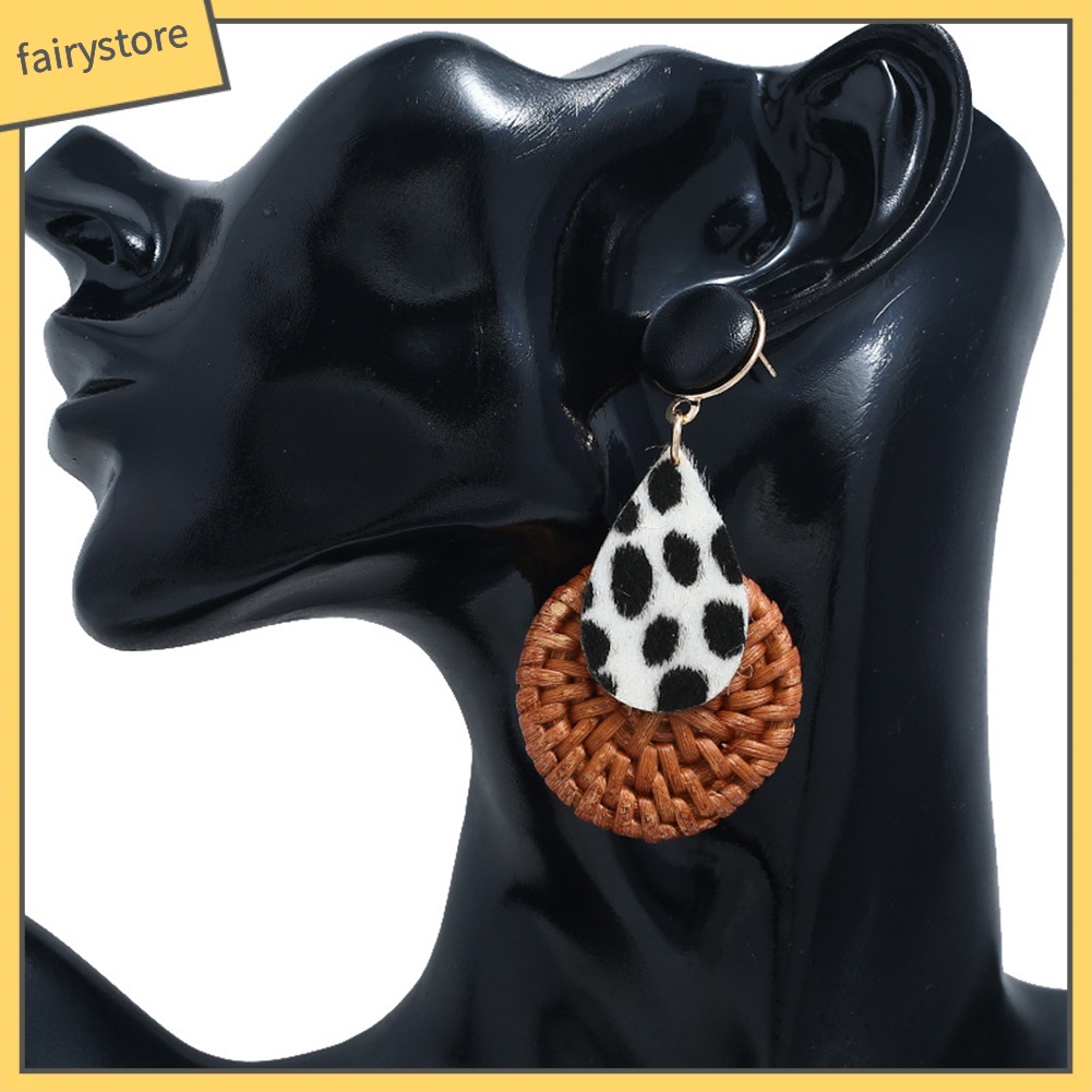 Bông Tai Dáng Dài Bằng Tre Họa Tiết Da Báo Thời Trang