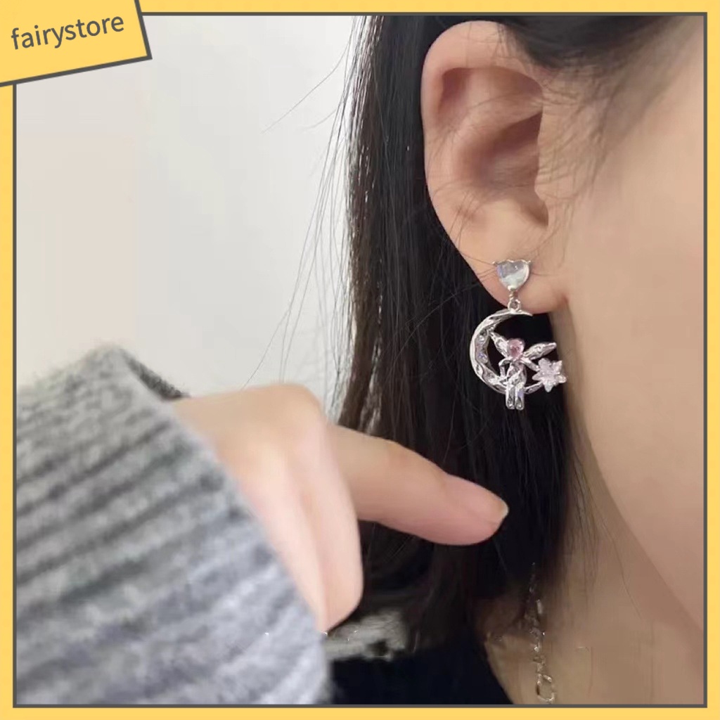 1 Đôi Bông Tai Hình Trái Tim Đính Đá Mặt Trăng Ngôi Sao Không Gây Dị Ứng Thời Trang