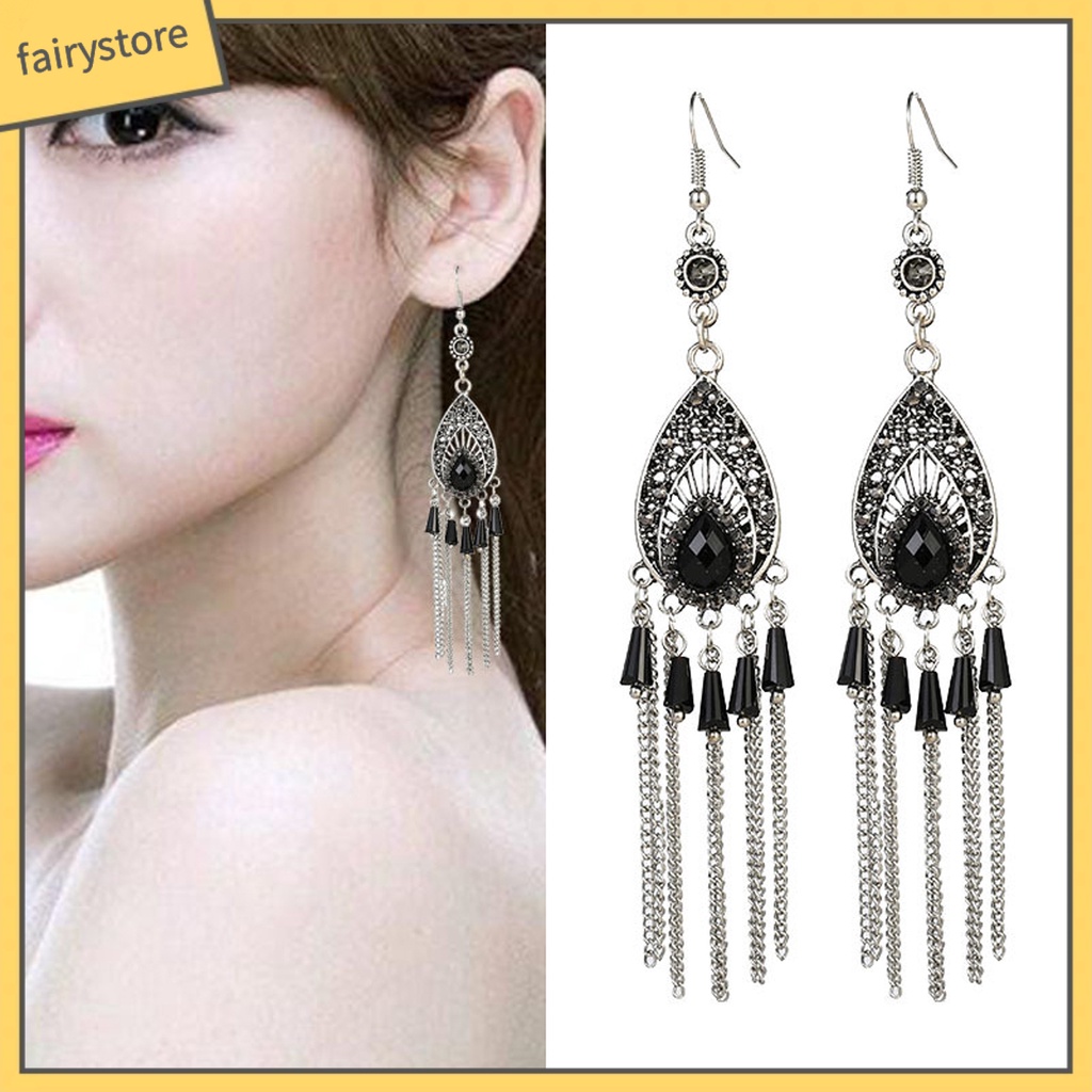 1 Đôi Bông Tai Dáng Dài Đính Đá Chống Mồ Hôi Phong Cách Trung Hoa Thời Trang