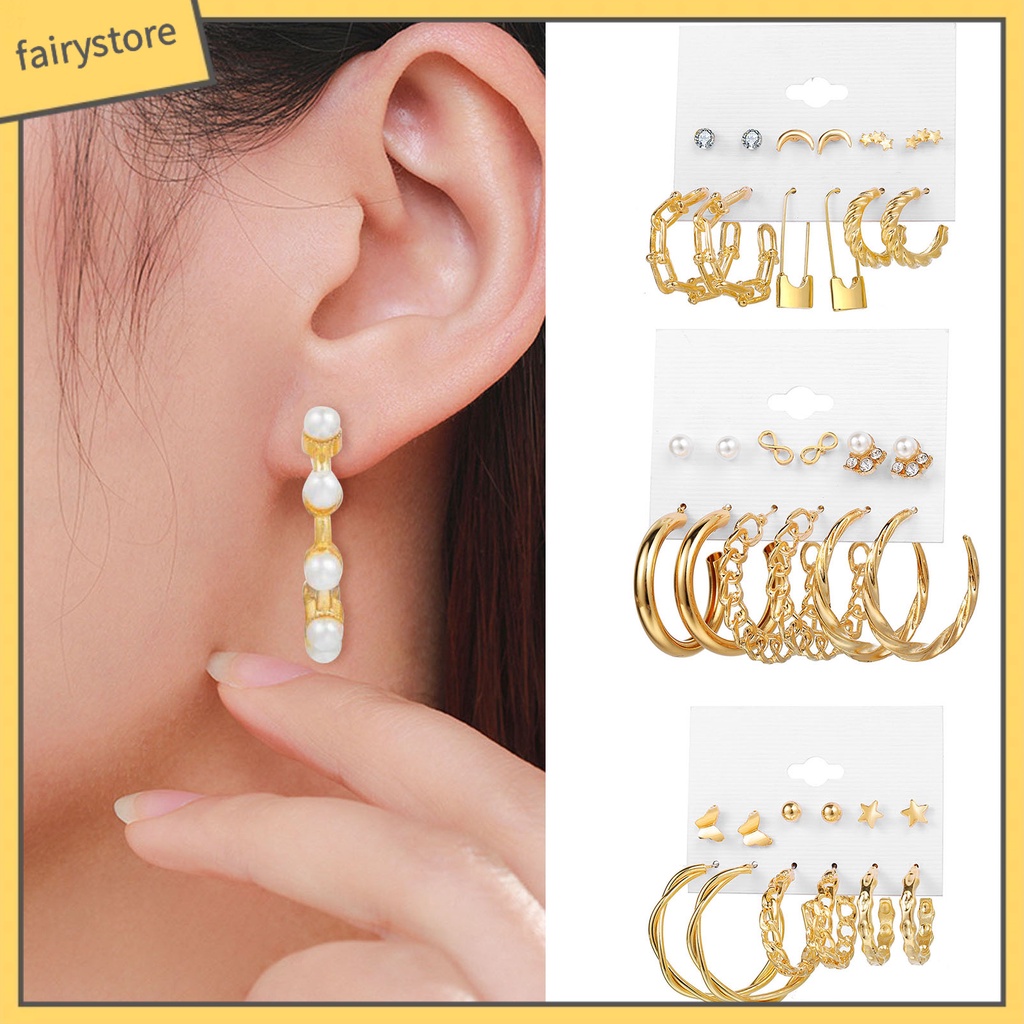 Set 6 Đôi Bông Tai Khoen Tròn Đính Ngọc Trai Giả Sang Trọng Cho Nữ