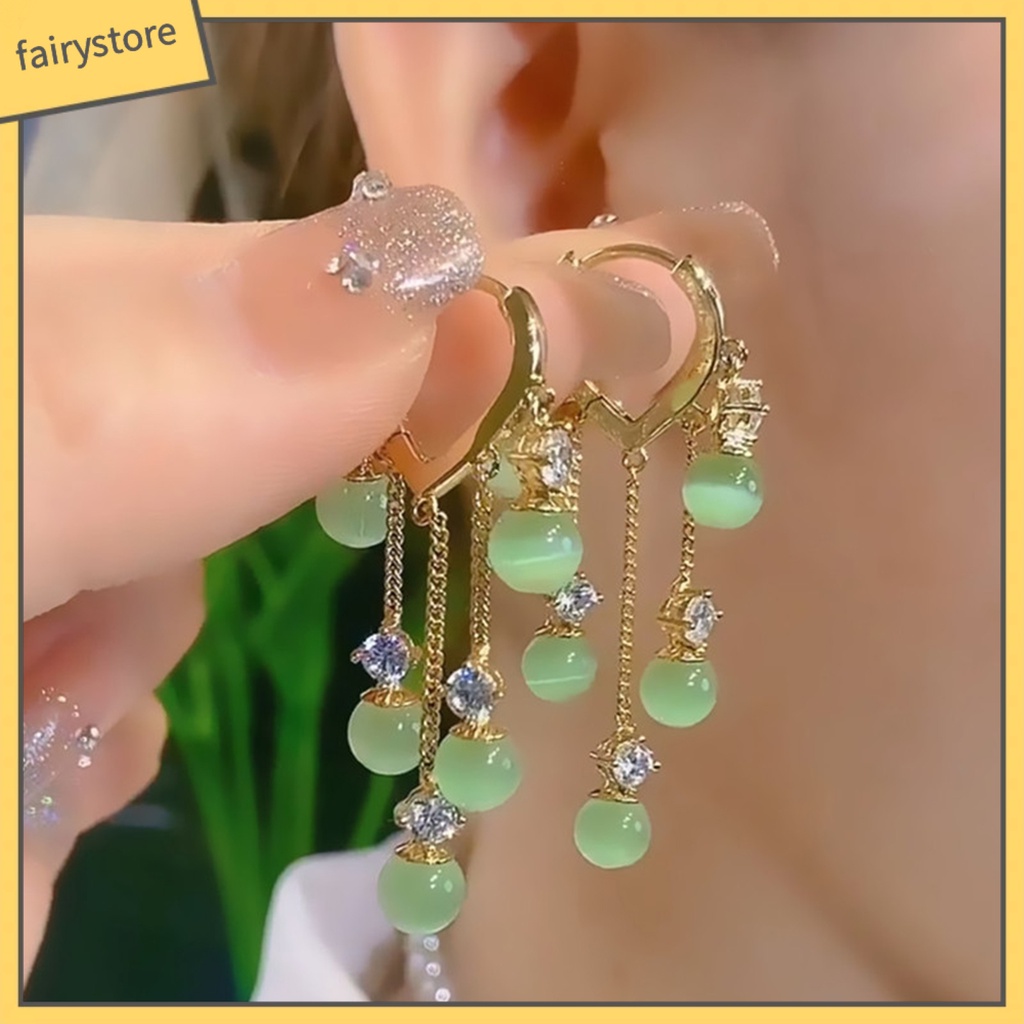 [FRO] 1 Đôi Bông Tai Thời Trang Bắt Mắt Mạ Vàng Ngọc Lục Bảo Tua Rua Đánh Bóng Tinh Tế Màu Xanh Lá Cây Nhân Tạo