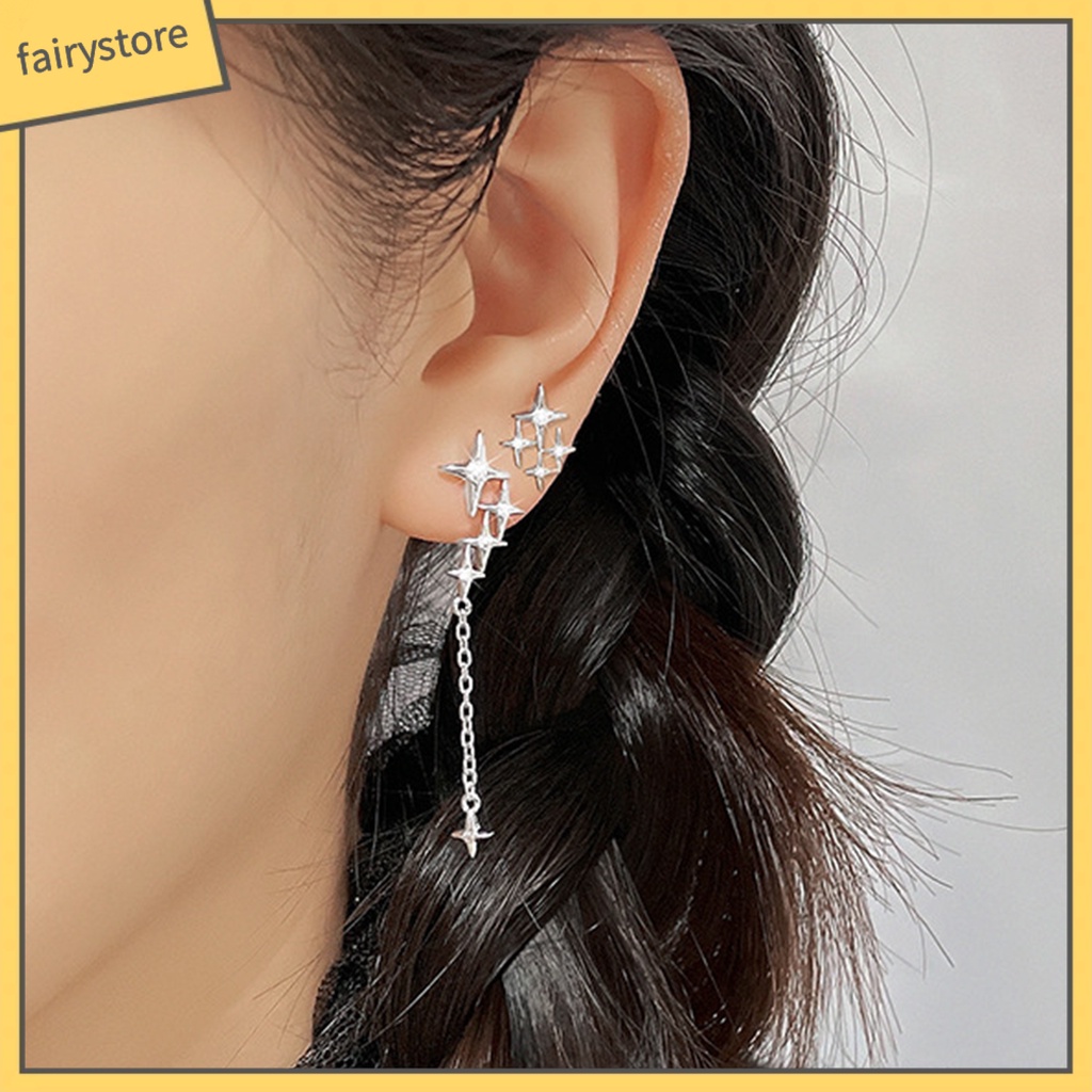 1 Đôi Bông Tai Xỏ Lỗ Dạng Chuỗi Thẳng Dài Mạ Bạc Thiết Kế Bốn Ngôi Sao Lấp Lánh Thời Trang Dự Tiệc