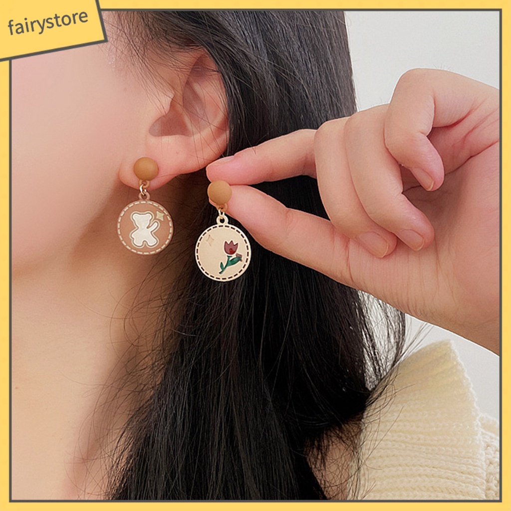 1 Đôi Bông Tai Hình Tròn Họa Tiết Hoa Hồng / Gấu Hoạt Hình Phong Cách Nhật Bản Thời Trang