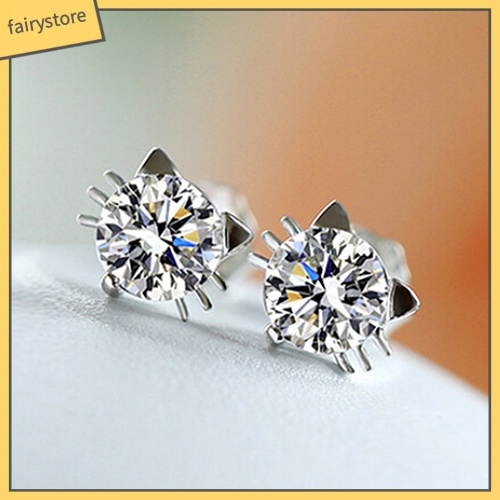 Bông Tai Mạ Bạc 925 Hình Mèo Đính Đá Zircon Dễ Thương
