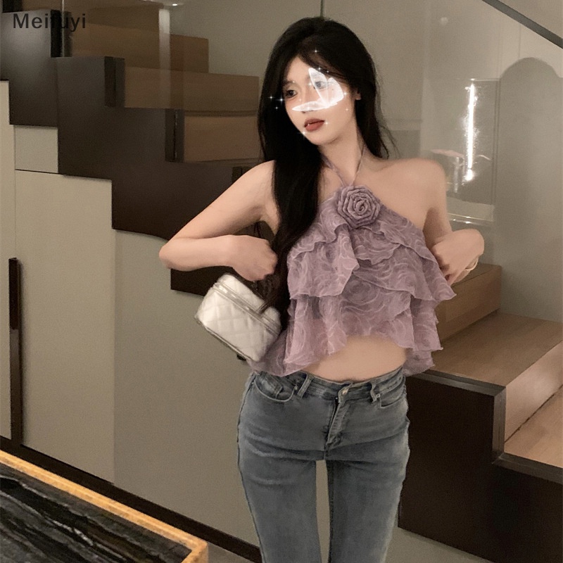 [Meifuyi] Áo Crop Top Dáng Ôm Ghép Vải Hoa Hồng Xếp Nếp Không Đối Xứng