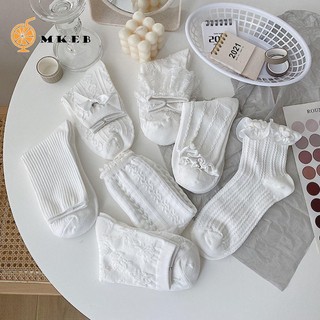 MKEB Vớ cotton màu trắng phối diềm đính nơ phong cách lolita vintage đáng yêu thời trang dành cho nữ
