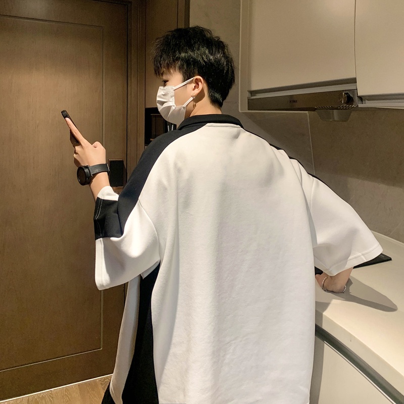 Áo Thun polo Ngắn Tay Form Rộng Màu Sắc Tương Phản Phong Cách Mỹ Thời Trang Mùa Hè Cho Nam