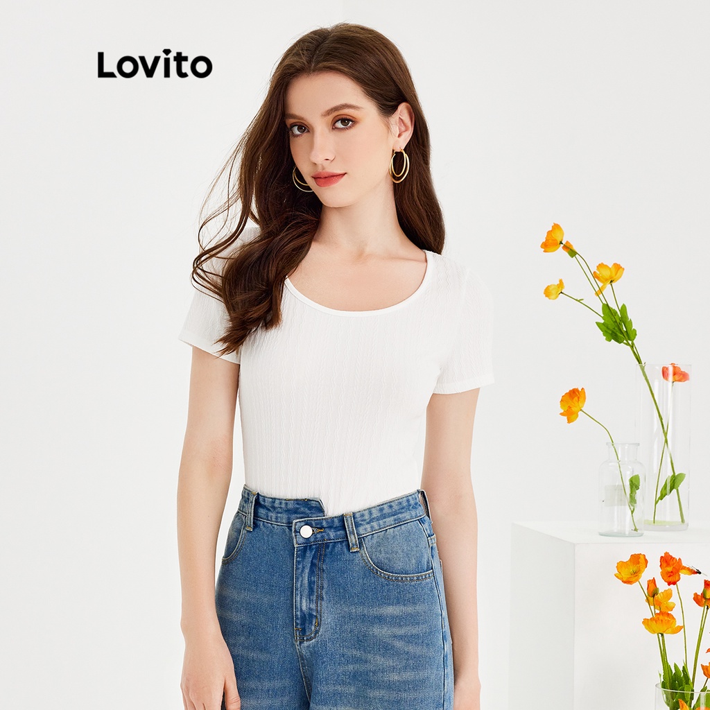 Áo liền quần Lovito tay ngắn cổ tròn dệt họa tiết màu trơn thường ngày cho nữ L51ED016 (Màu trắng)