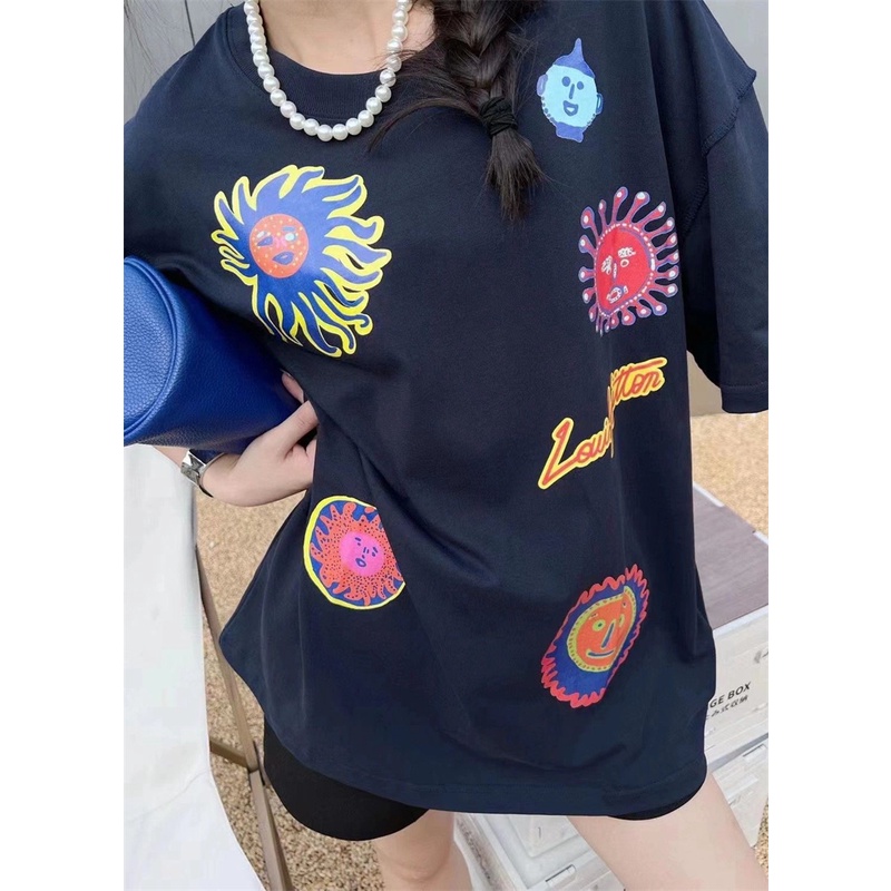 Áo Thun Tay Ngắn Dáng Rộng Thêu Hình Mặt Trời / Sứa Thời Trang Chất Lượng Cao