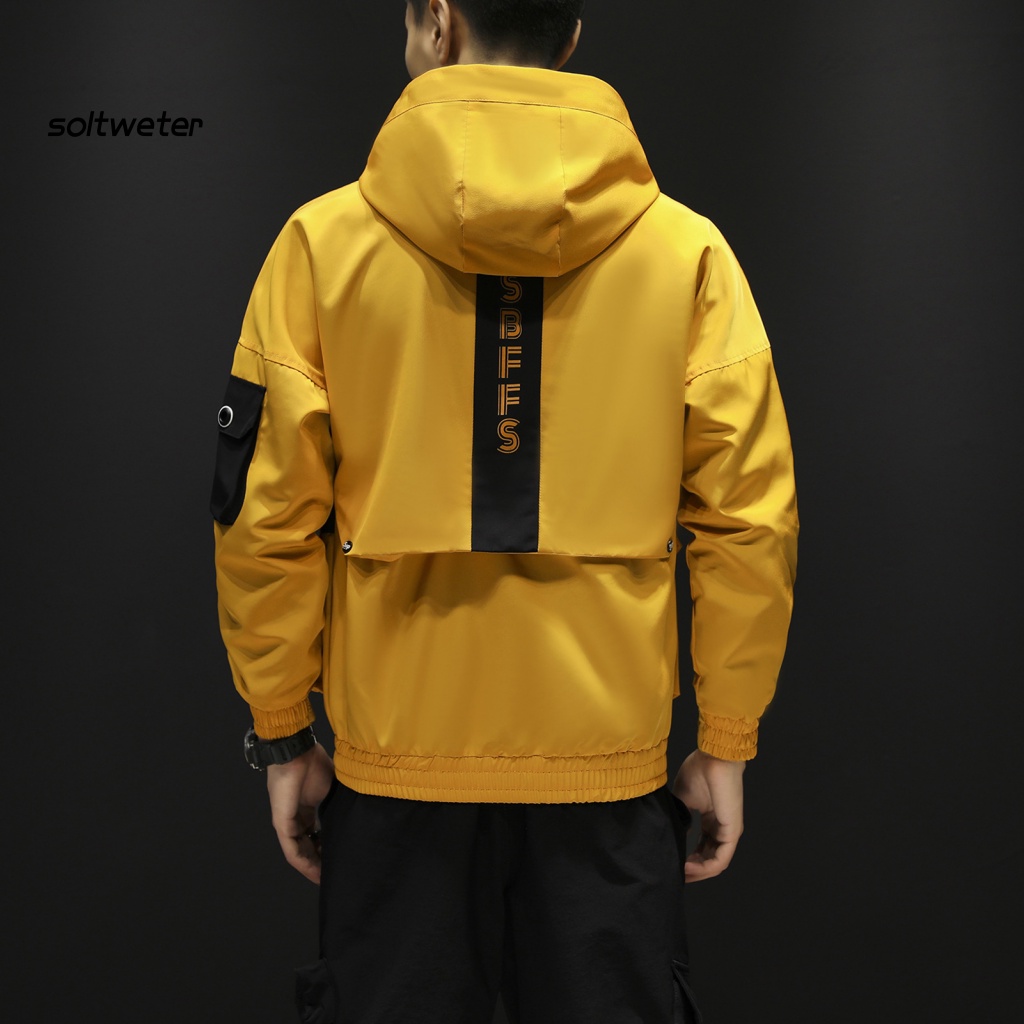 Áo Khoác Bóng Chày Có Mũ Trùm Phối Dây Rút Nhiều Túi In Chữ Màu Khối Thời Trang Mùa Thu Cho Nam