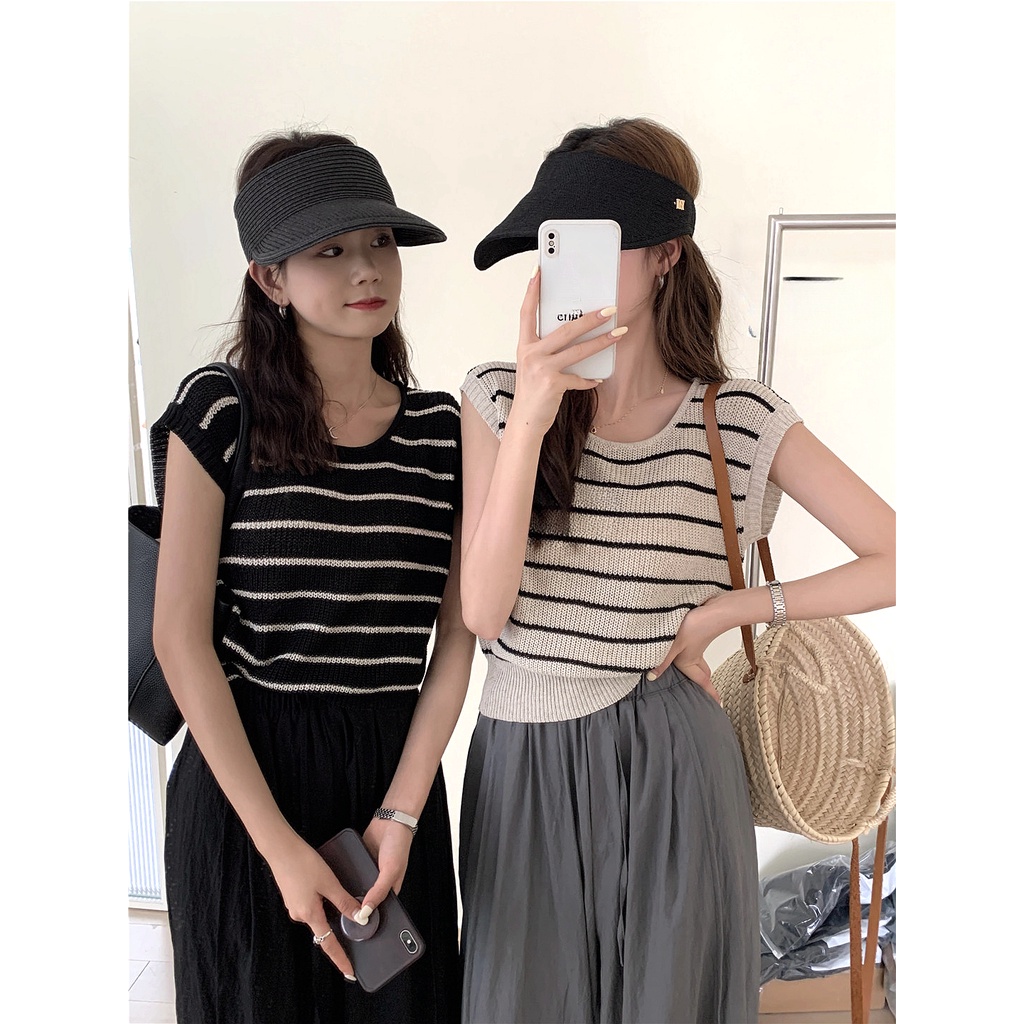 Áo Thun Dệt Kim Không Tay Cổ Tròn Họa Tiết Kẻ Sọc Màu Sắc Tương Phản Thời Trang Mùa Hè Phong