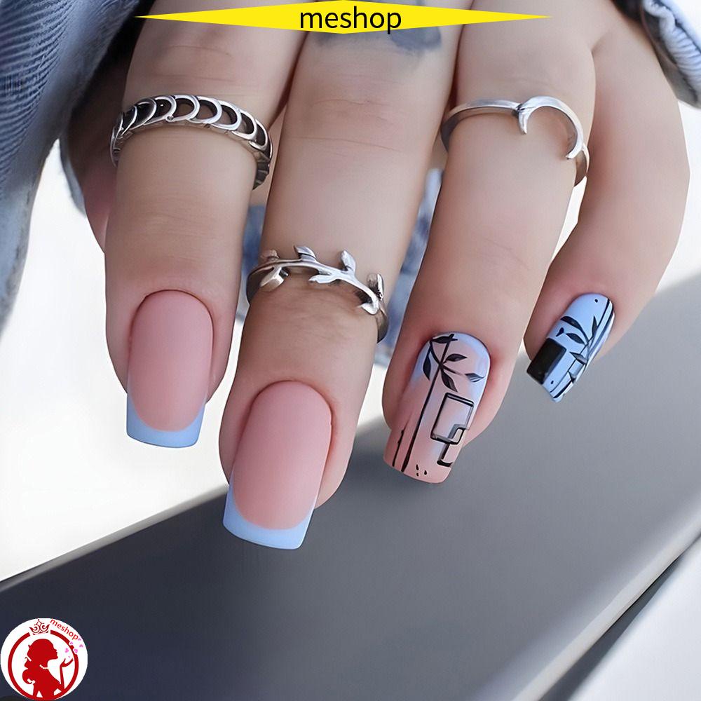 Set 24 Móng Tay Giả Dạng Nhấn Hình Hoa Màu Xanh Lá DIY