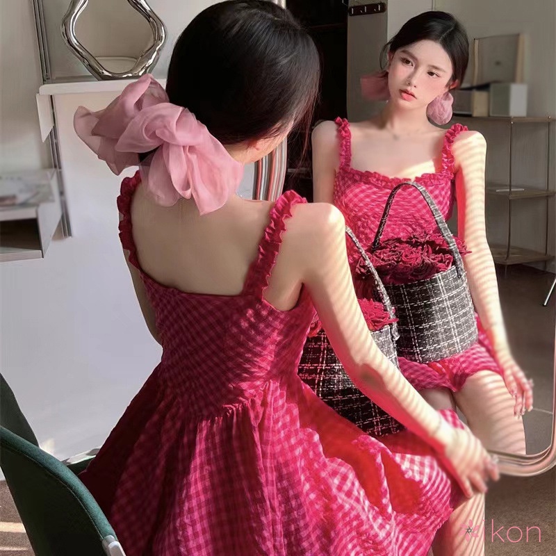 Đầm Hai Dây Ôm Eo Họa Tiết Caro Thời Trang Mùa Hè Hàn Quốc Cho Nữ