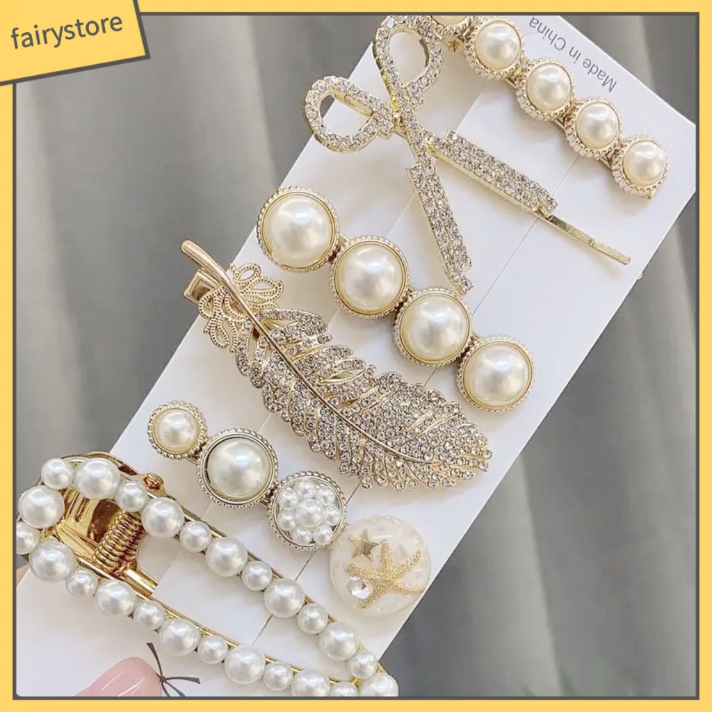 Set 6 Kẹp Tóc Hình Lông Vũ Đính Ngọc Trai Giả Thanh Lịch