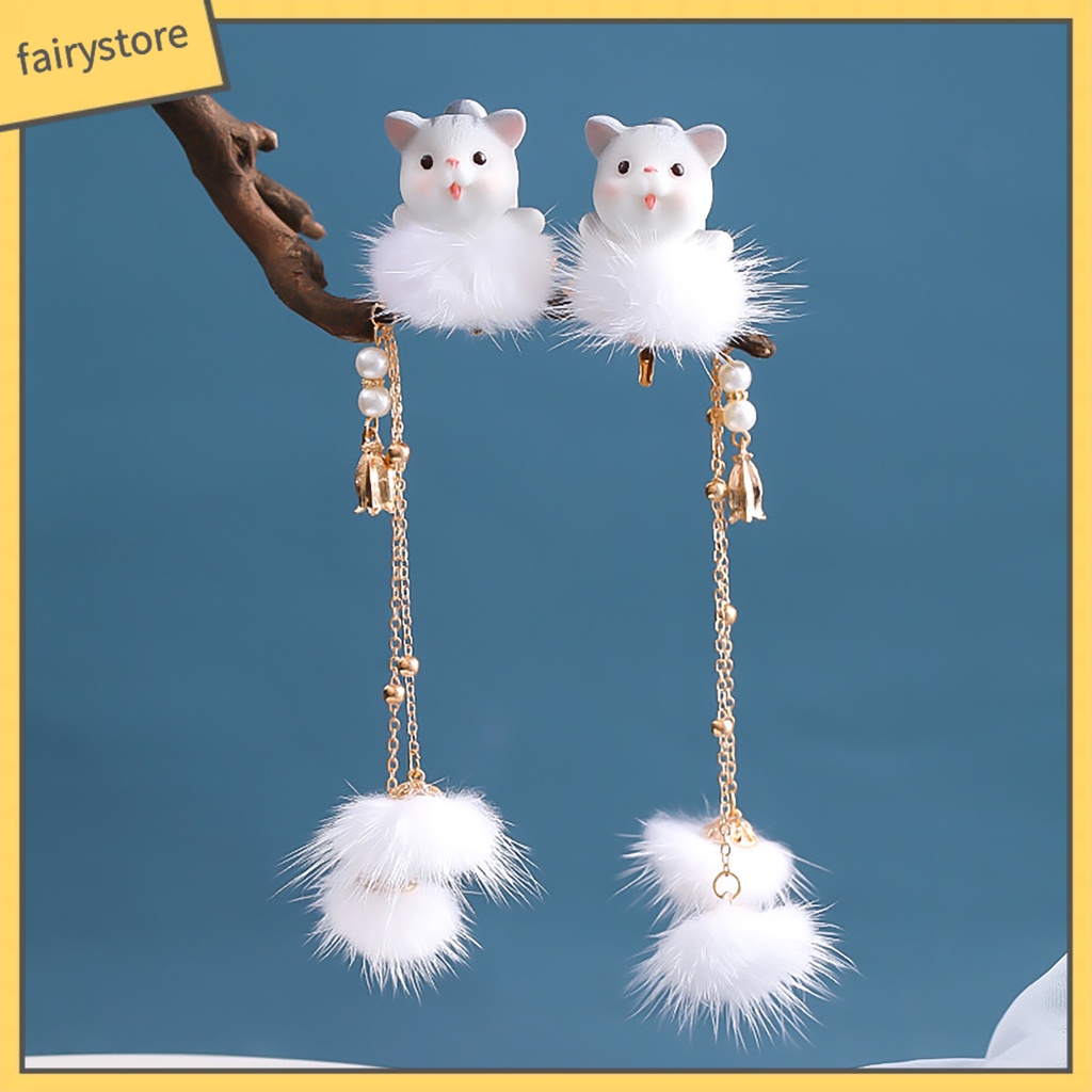 1 Cặp Kẹp Tóc Tua Rua Hình Mèo Dễ Thương Phong Cách Trung Hoa