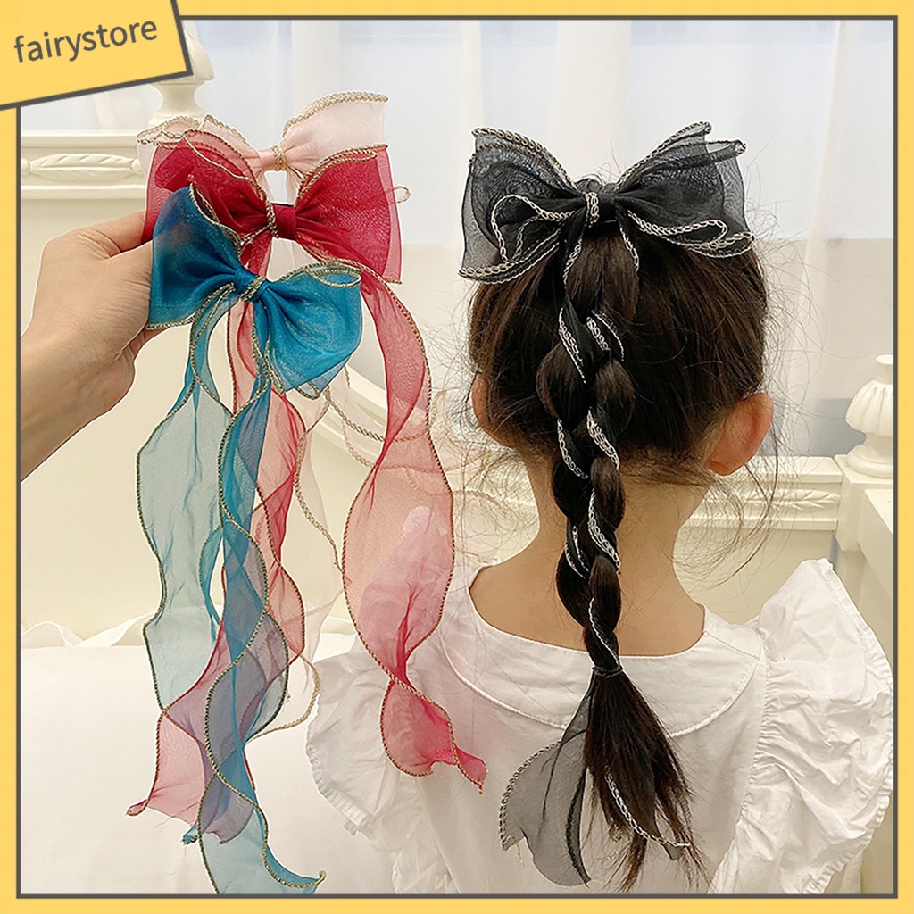 Kẹp Tóc Đính Nơ Lưới Ruy Băng Dài Phong Cách Hàn Quốc Cho Nữ