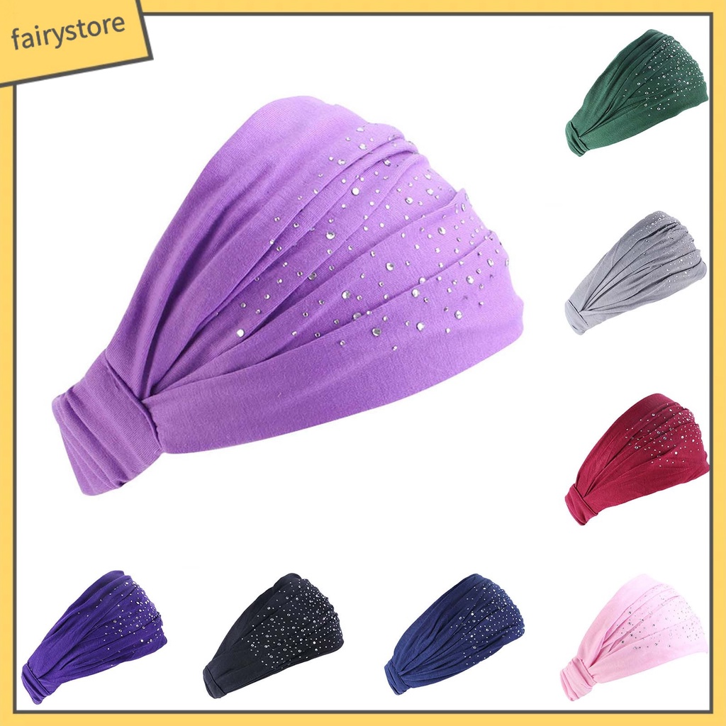 Băng Đô Cài Tóc Bản Rộng Co Giãn Tốt Màu Trơn Đính Đá Cho Nữ