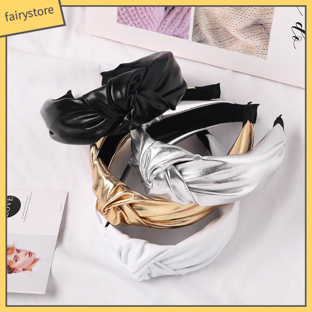 Băng Đô Cài Tóc Bản Rộng Giả Da Thắt Nút Màu Trơn Cho Nữ