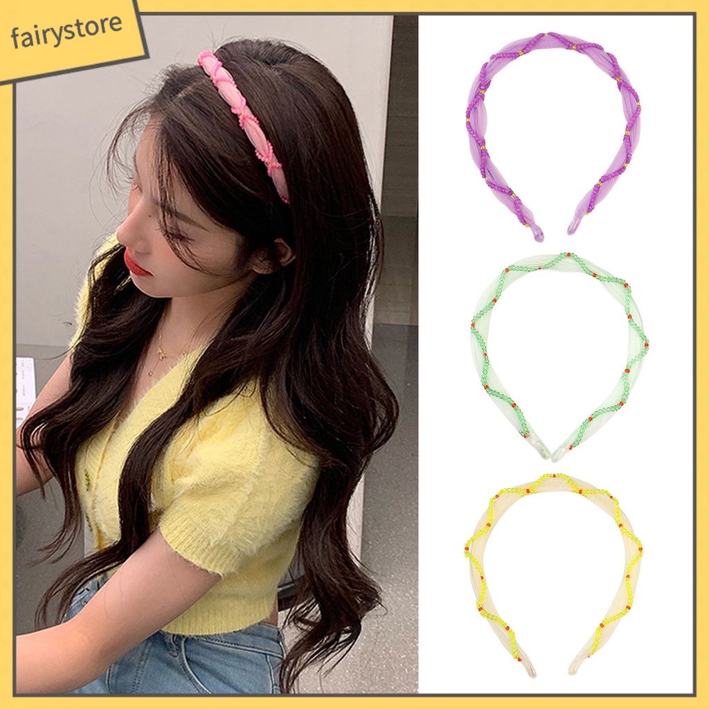 Băng Đô Cài Tóc Đính Hạt Và Lưới Màu Sắc Đơn Giản Phong Cách Hàn Quốc