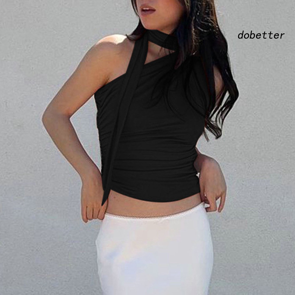 [DO] Áo Crop Top Không Tay Lệch Vai Ôm Dáng Màu Trơn Phối Ruy Băng Gợi Cảm Cho Nữ