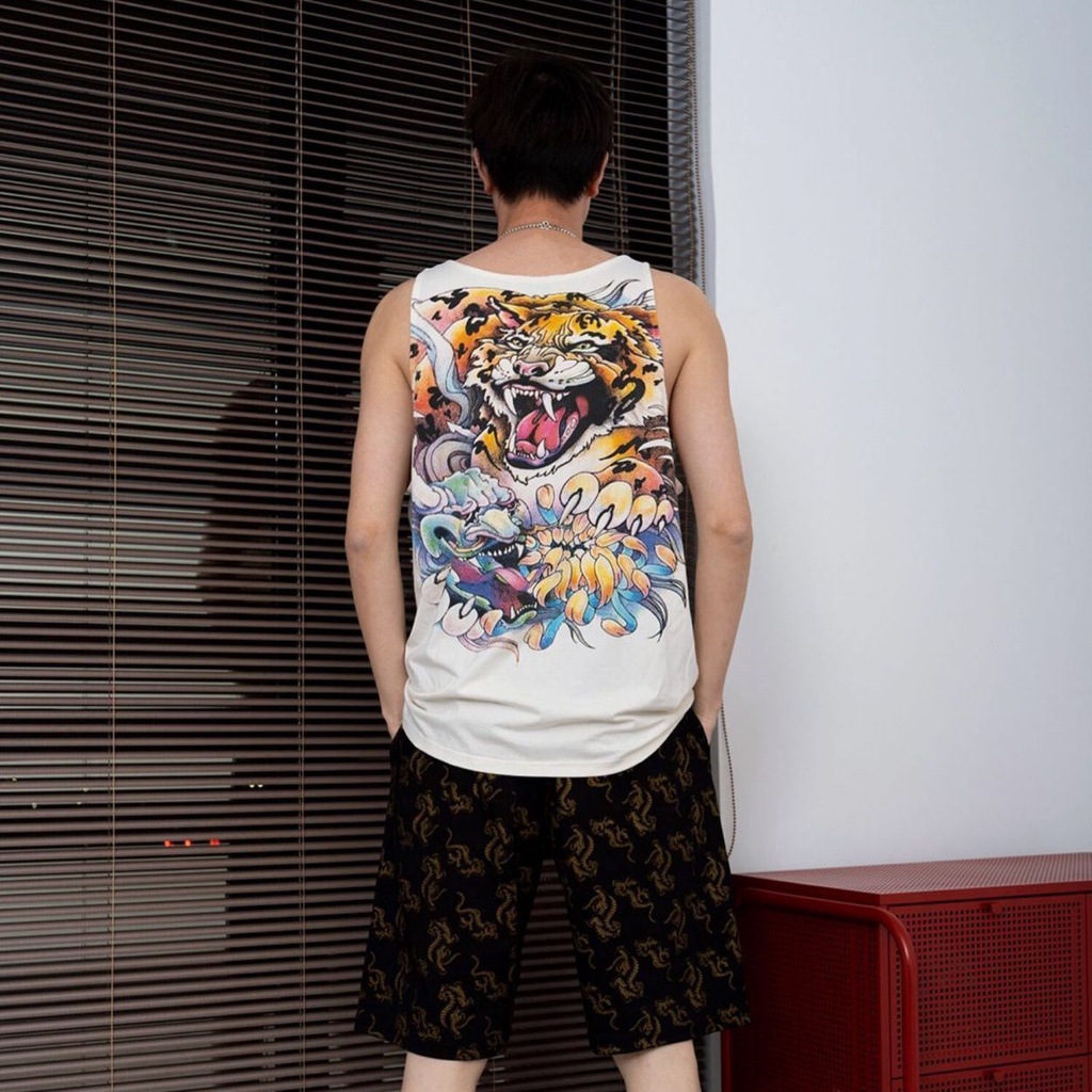 Áo không tay HANLU cotton dáng rộng thấm hút mồ hôi thoáng khí in họa tiết rồng và hổ họa thời trang cho nam