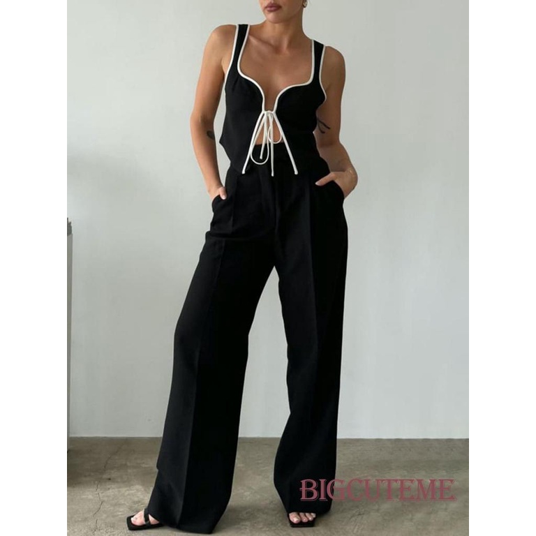 [] - Áo Crop Top Không Tay Cột Dây Phía Trước Ôm Dáng Màu Sắc Tương Phản Thời Trang Mùa Hè