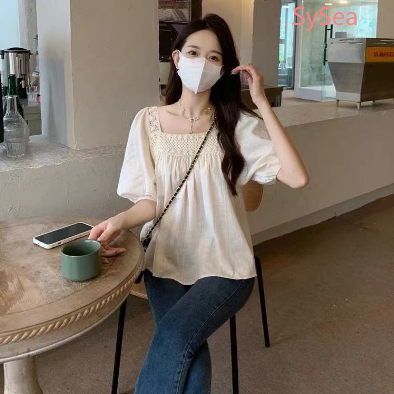 Áo Kiểu Tay Phồng Cổ Vuông Phong Cách Pháp Thanh Lịch Cho Nữ