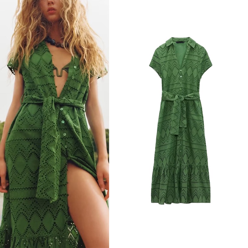 Zara Đầm Tay Ngắn Cổ Bẻ Thêu Họa Tiết Thời Trang Mùa Hè Xinh Xắn 4387051