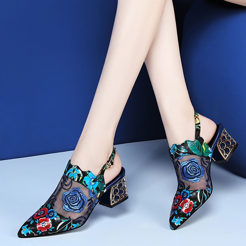 Giày Sandal Cao Gót Mũi Nhọn Phối Lưới Thêu Họa Tiết Thời Trang 2023 Cho Nữ