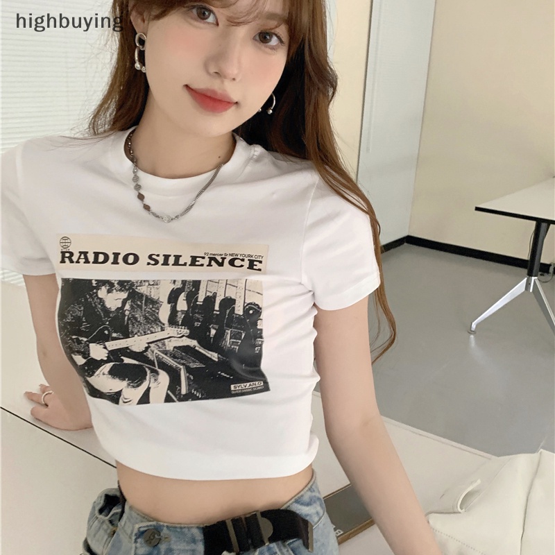 Áo Thun Lửng Ngắn Tay Cổ Tròn In Họa Tiết Kiểu Retro Mỹ Cho Nữ