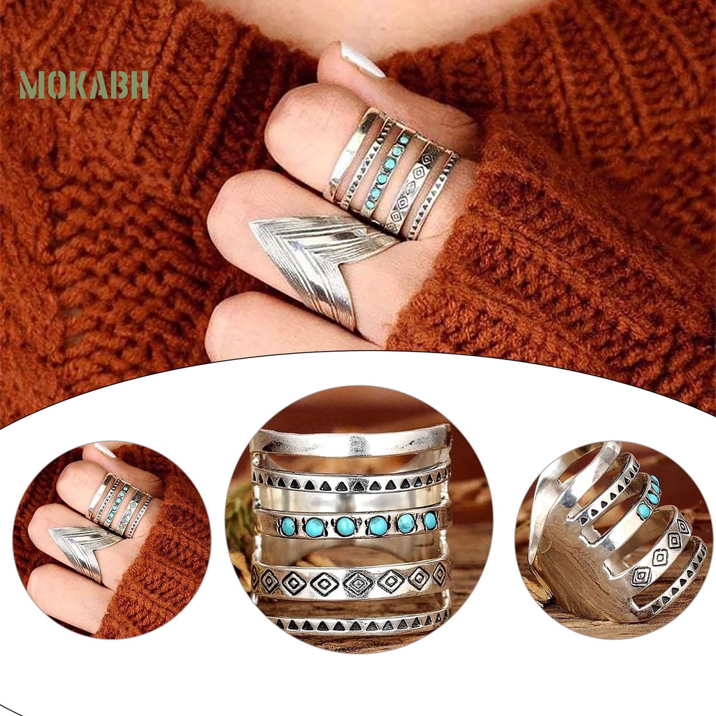[Mok Abh] Nhẫn Đeo Khớp Ngón Tay Nhiều Lớp Họa Tiết Biểu Tượng Đính Đá Ngọc Lam Phong Cách Bohomia