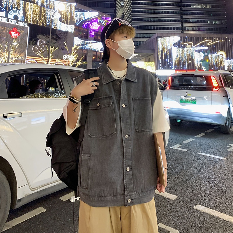 Áo Khoác Denim Sát Nách Phối Túi Phong Cách Retro Cho Nam