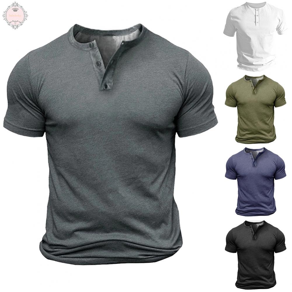 Vintage Henley T Shirt Men's Casual Top V Neck Tee Short Sleeve Men Pullover Blouse