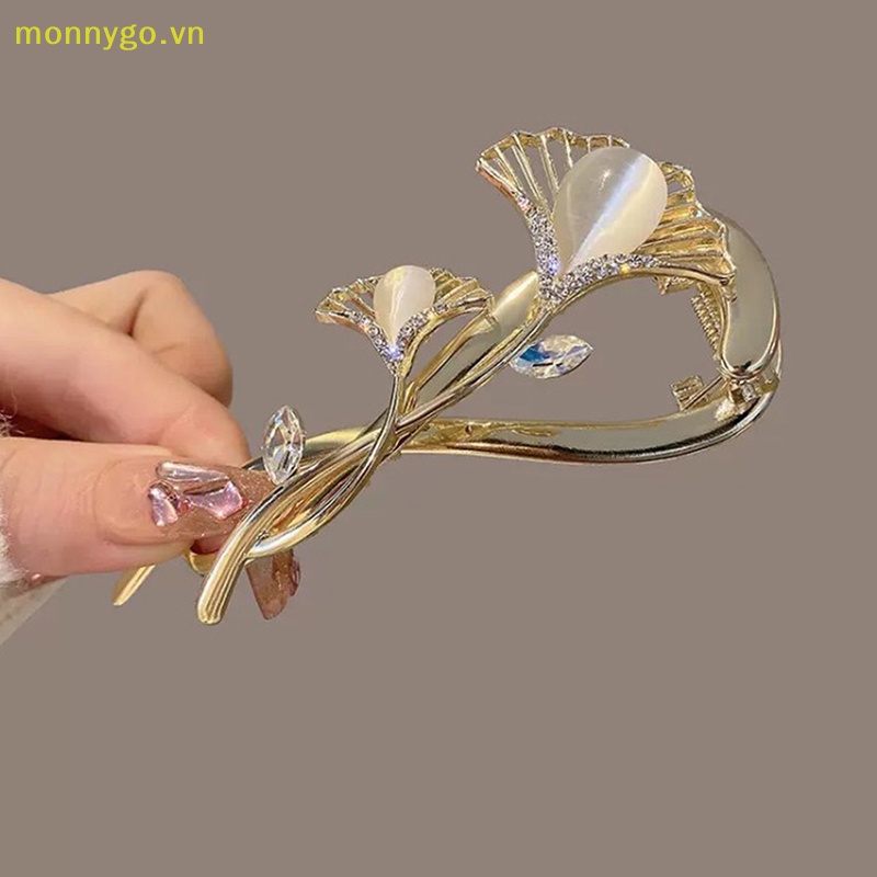 Kẹp Tóc Kim Loại Hình Chữ A Đính Đá Mắt Mèo Ginkgo Biloba Thời Trang Cho Nữ