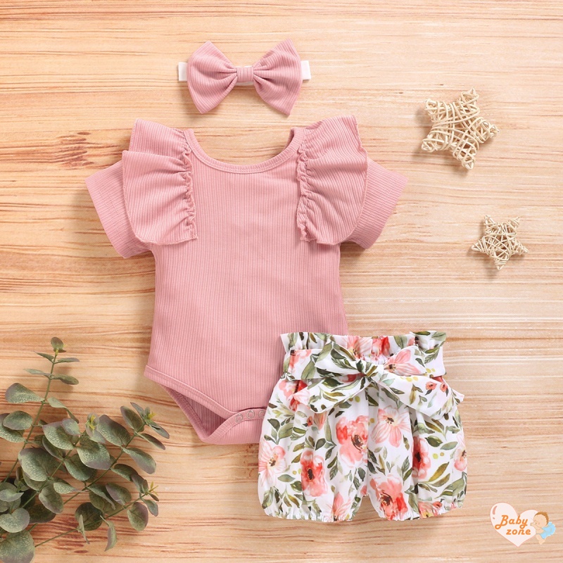 Bộ Áo Liền Quần Hai Mảnh Màu Trơn Đính Nơ In Hoa Thoải Mái Thời Trang Mùa Hè Cho Bé Gái