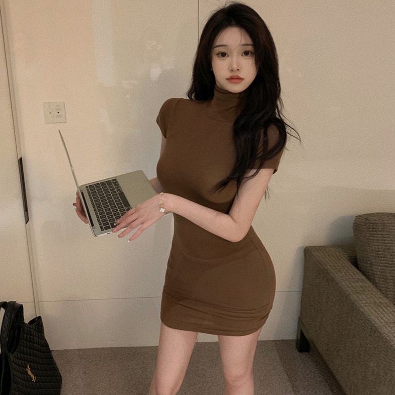 Đầm Tay Ngắn Cổ Cao Dáng Ôm Thời Trang Mùa Hè Quyến Rũ Cho Nữ